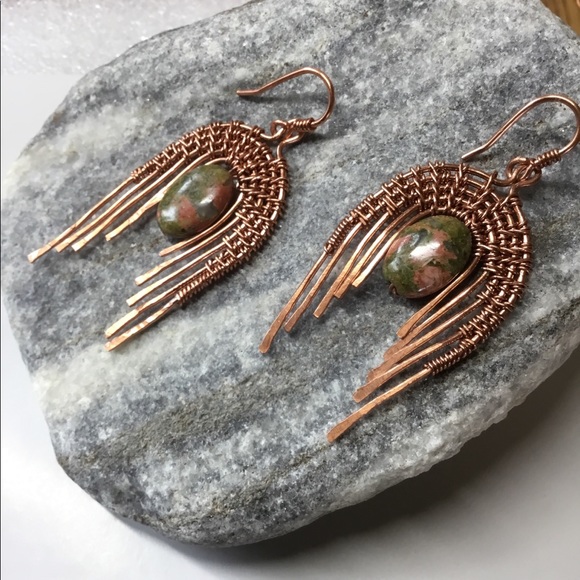 Unakite on copper - art-deco style earrings - Picture 3 of 7